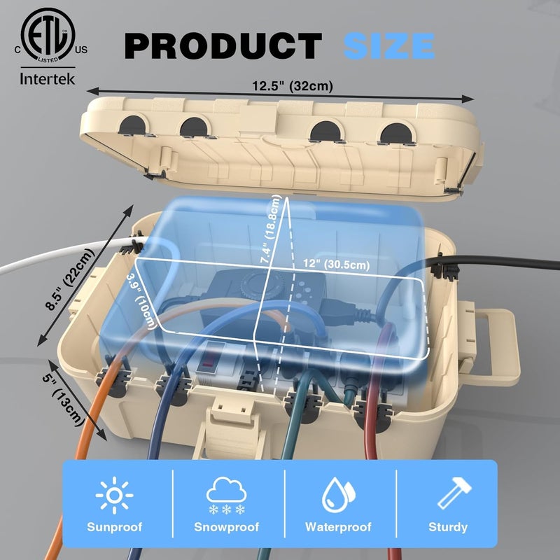 Flemoon Outdoor Electrical Box Waterproof, IP54 Waterproof Extension Cord Cover, Protect Outlet, Plug, Socket, Timer, Power Strip, Holiday Light, Large Weatherproof Connection Box, Almond - Image 3